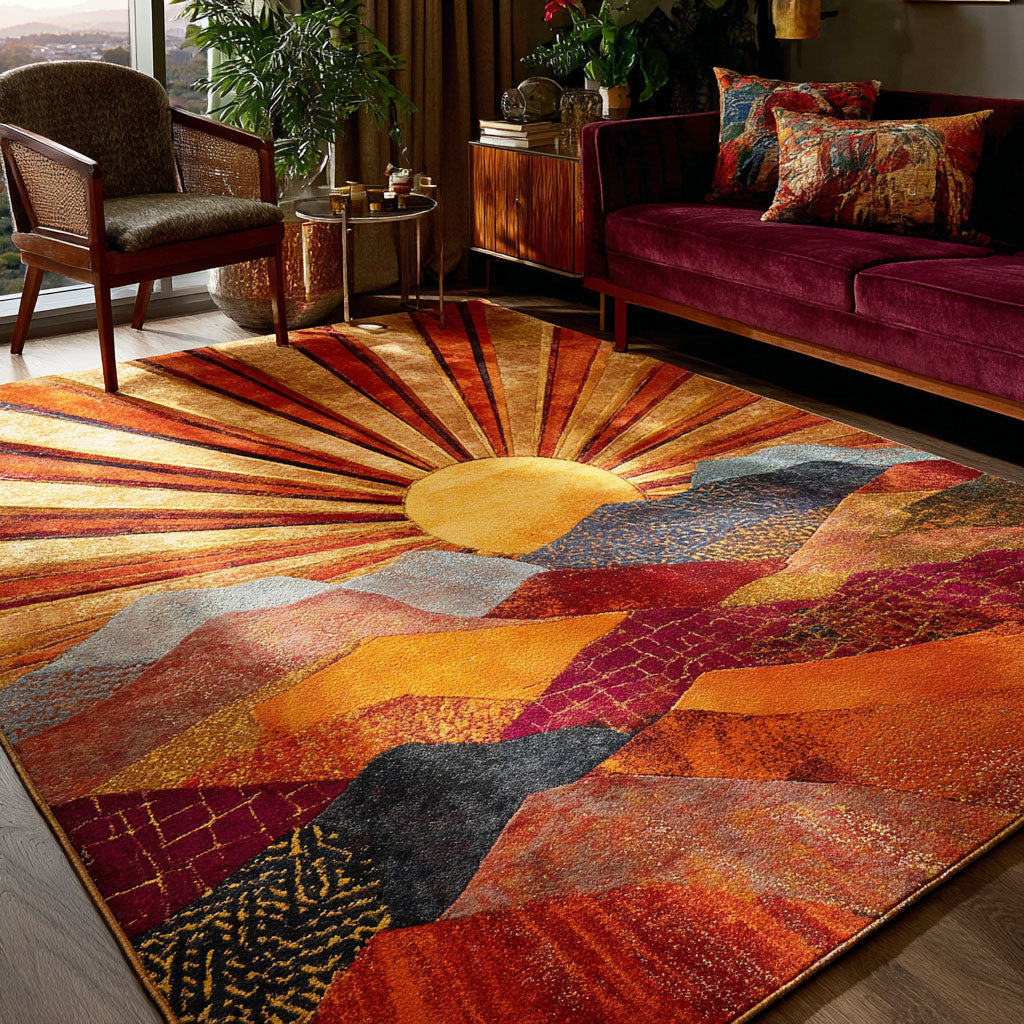 Sunny Rhythm area rug in a living room