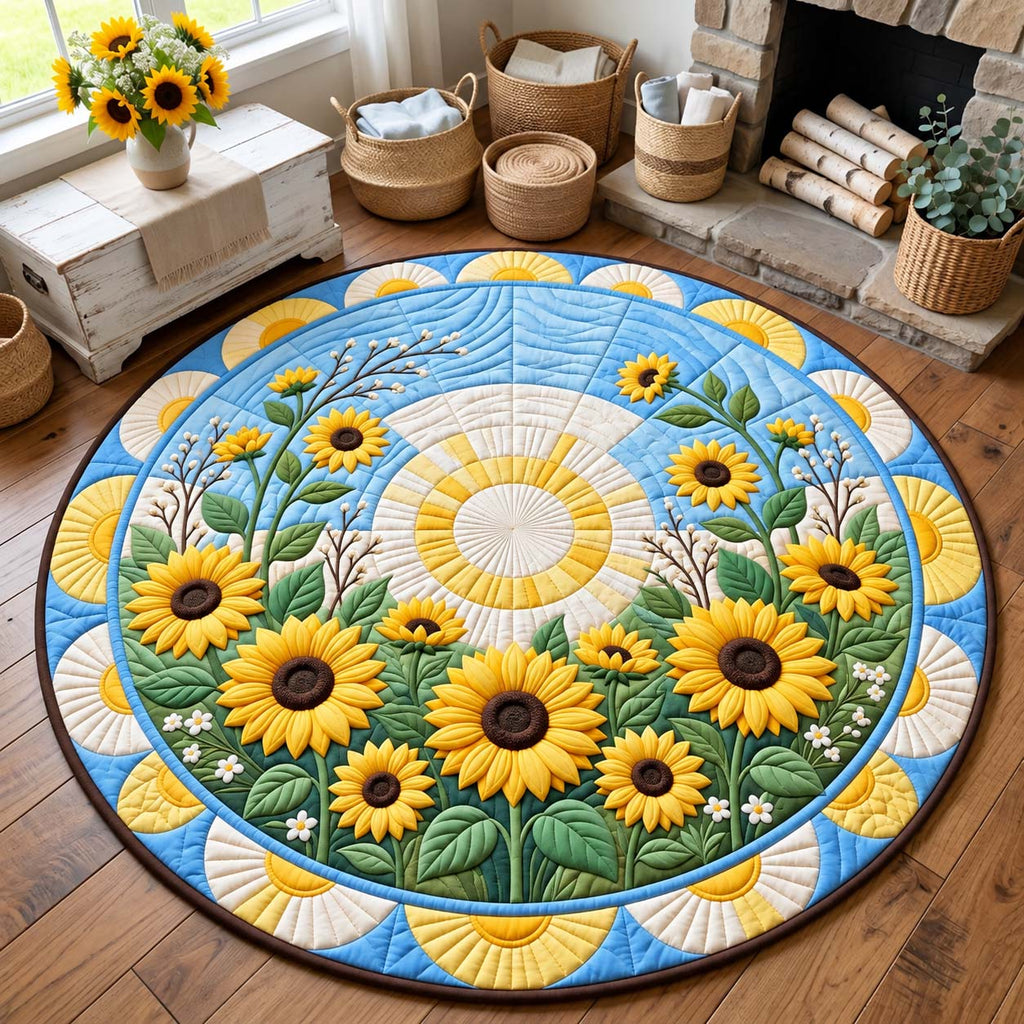 Sunny Sunflower Garden Round Mat Rug - Nature Design | Serene Home Decor - washable non-slip printed rug