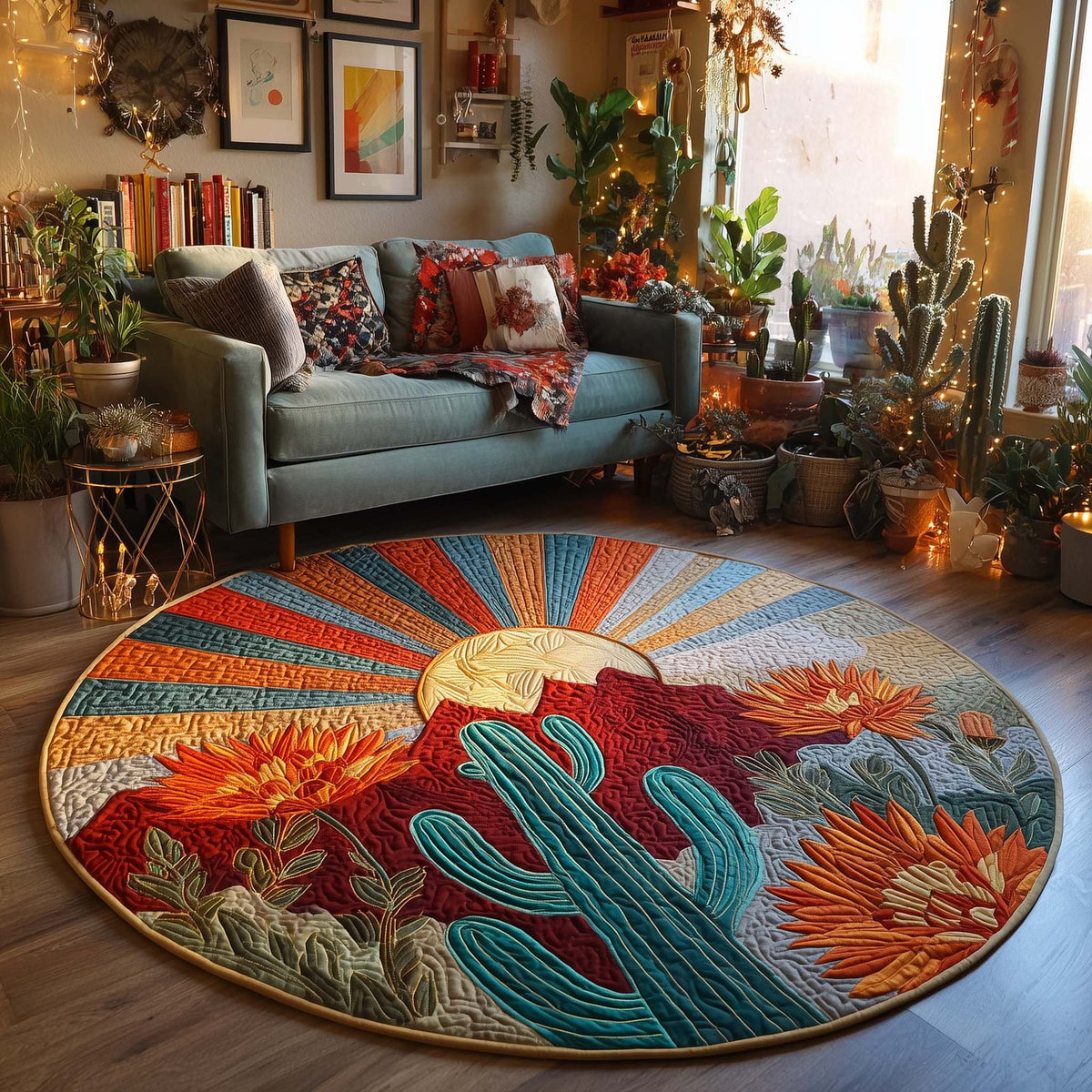 Sunrise Cactus Round Mat Rug - washable non-slip printed rug
