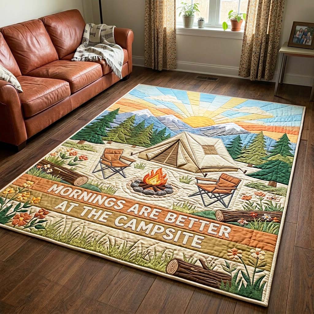 Sunrise Campsite area rug in a living room