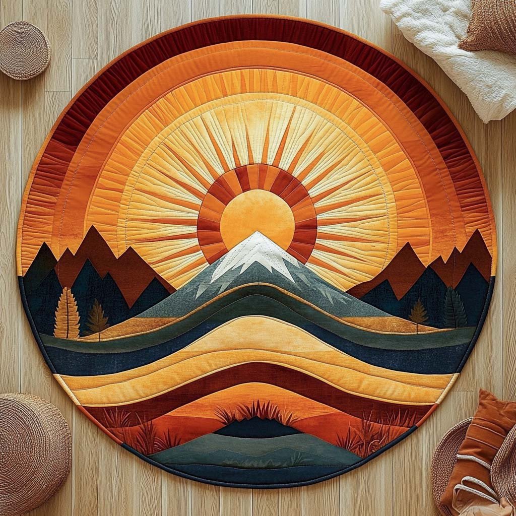 Sunrise Mountain Glow Round Mat Rug - washable non-slip printed rug