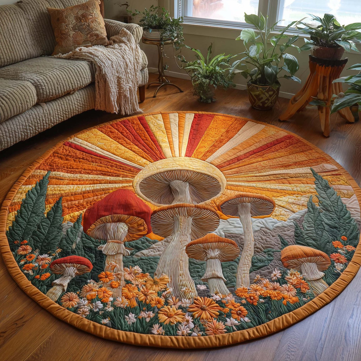 Sunrise Mushroom (Design 2) Round Mat Rug - washable non-slip printed rug