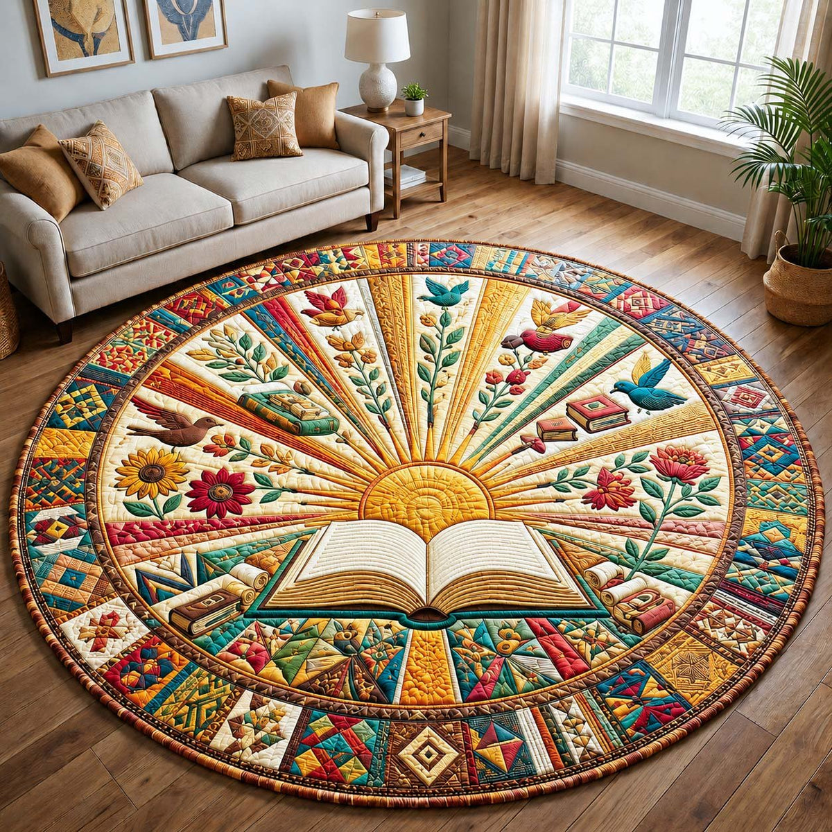 Sunrise Reading Round Mat Rug - washable non-slip printed rug
