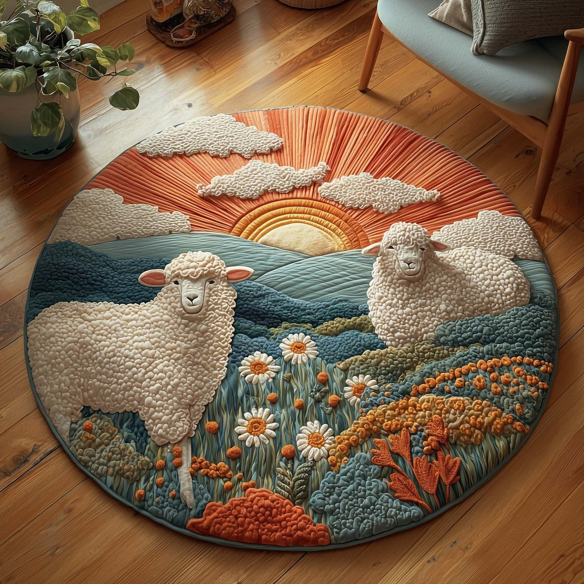 Sunrise Sheep Round Mat Rug - washable non-slip printed rug