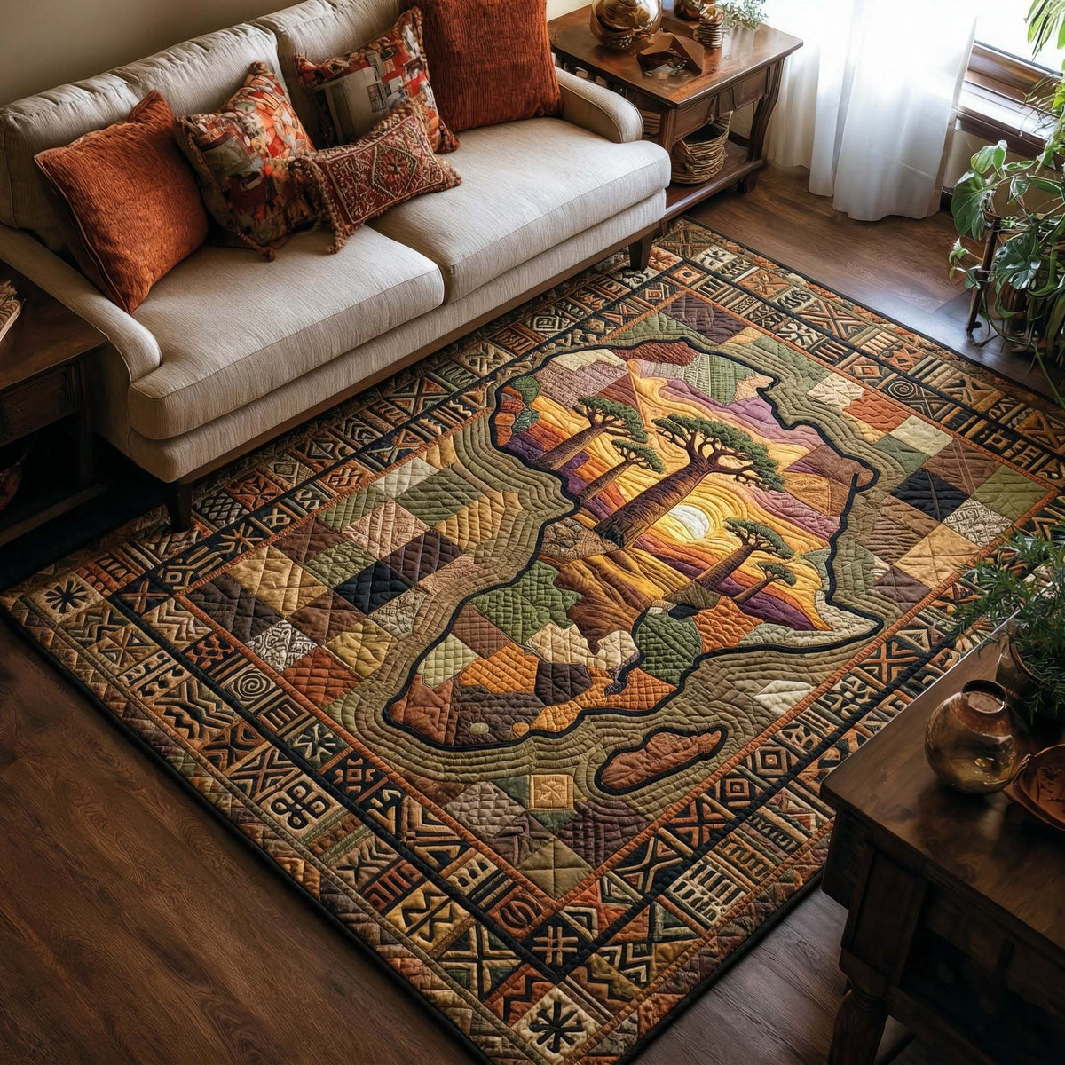Sunset Baobab Land area rug in a living room