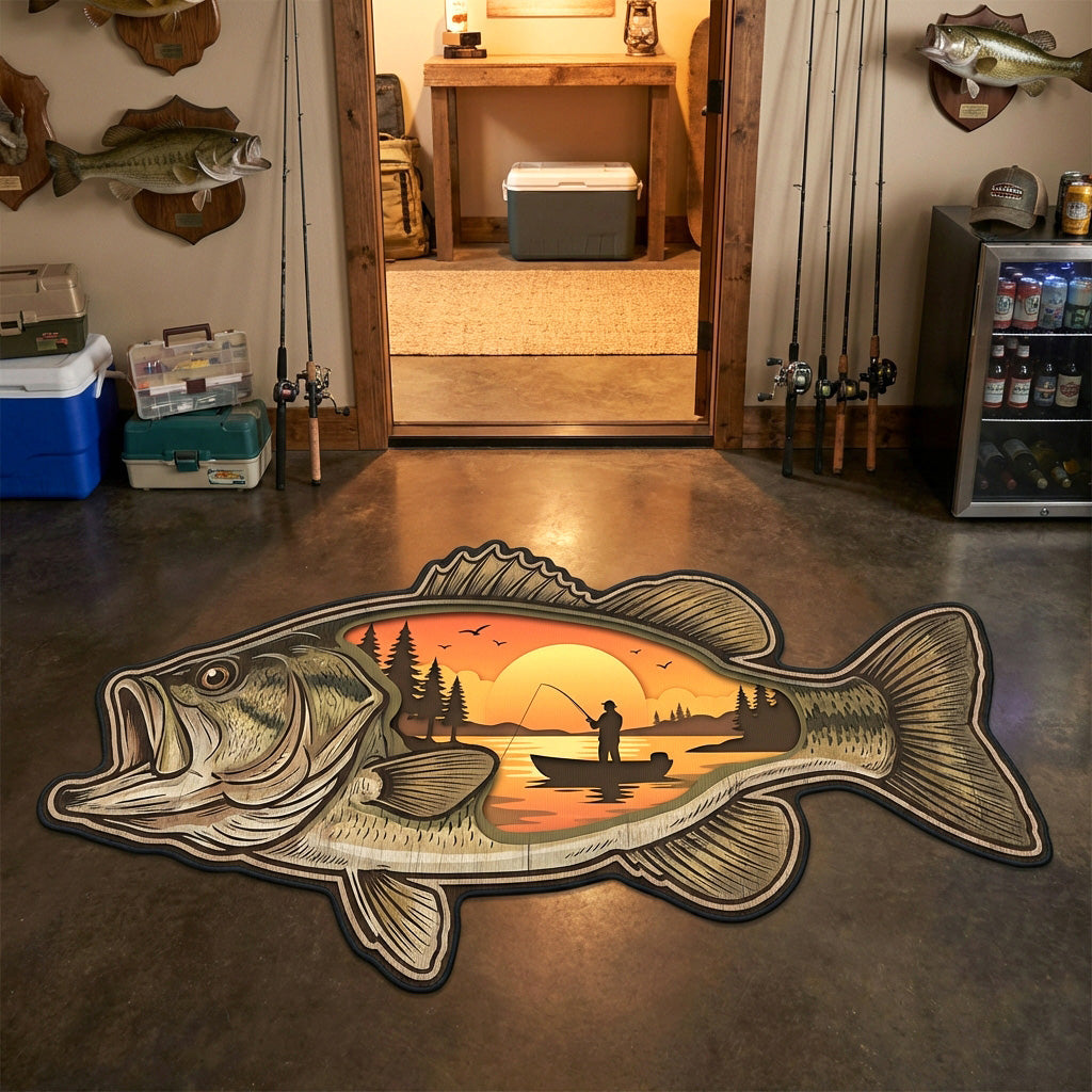 Sunset Bass Custom Shape Area Rug - Cute Animal Design | Die-Cut Non-Slip Rug - washable non-slip printed rug