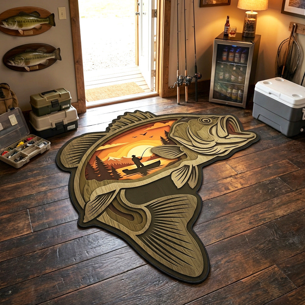 Sunset Bass Custom Shape Area Rug - Cute Animal Design | Die-Cut Non-Slip Rug - washable non-slip printed rug