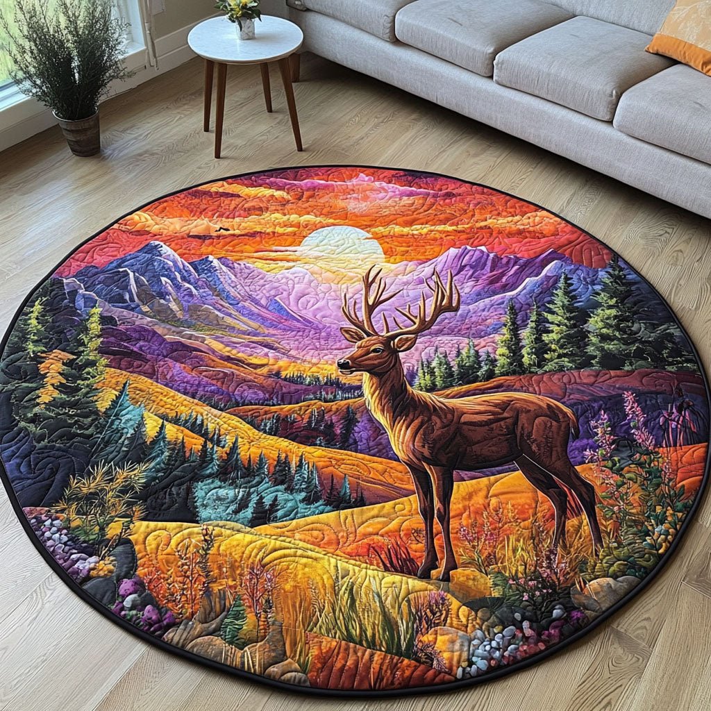 Sunset Bound Deer Round Mat Rug - washable non-slip printed rug