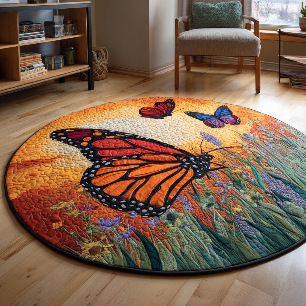 Sunset Butterfly Meadow Round Mat Rug - washable non-slip printed rug