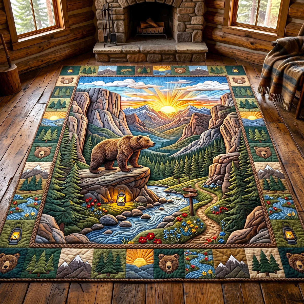 Sunset Canyon Rustic Bear area rug in a living room