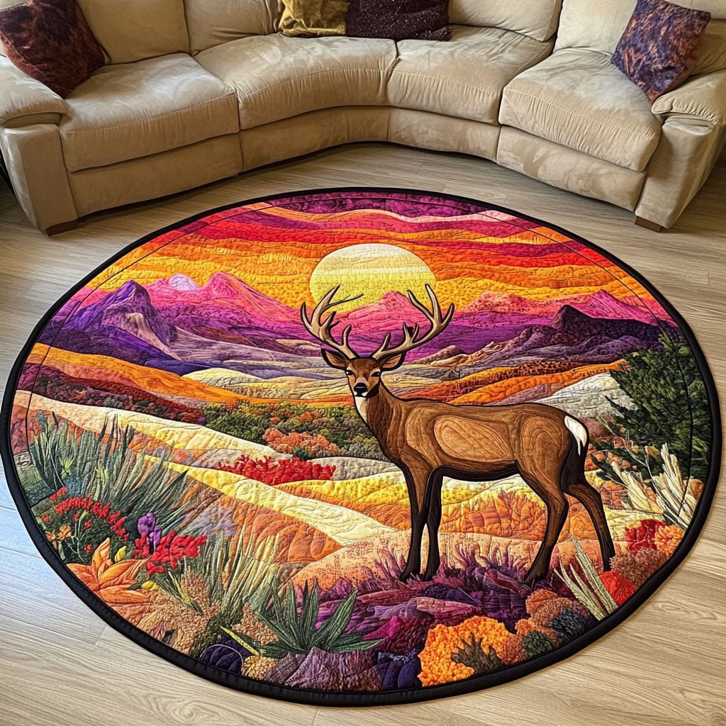 Sunset Deer Round Mat Rug - washable non-slip printed rug