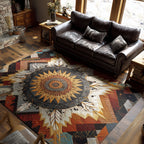 Sunset Trail Emblem area rug in a living room