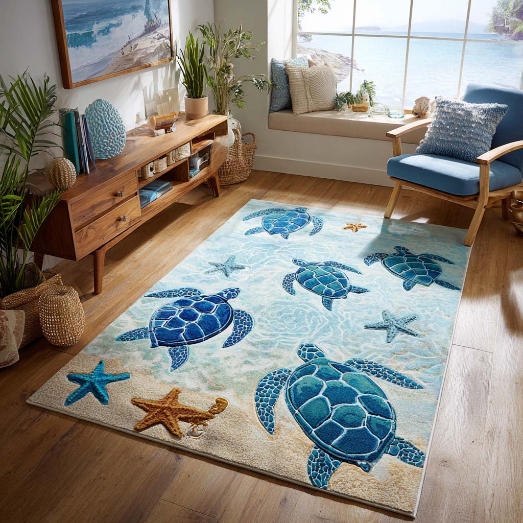Sunset Turtle area rug in a living room