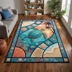 Sunset Turtle Voyage area rug in a living room
