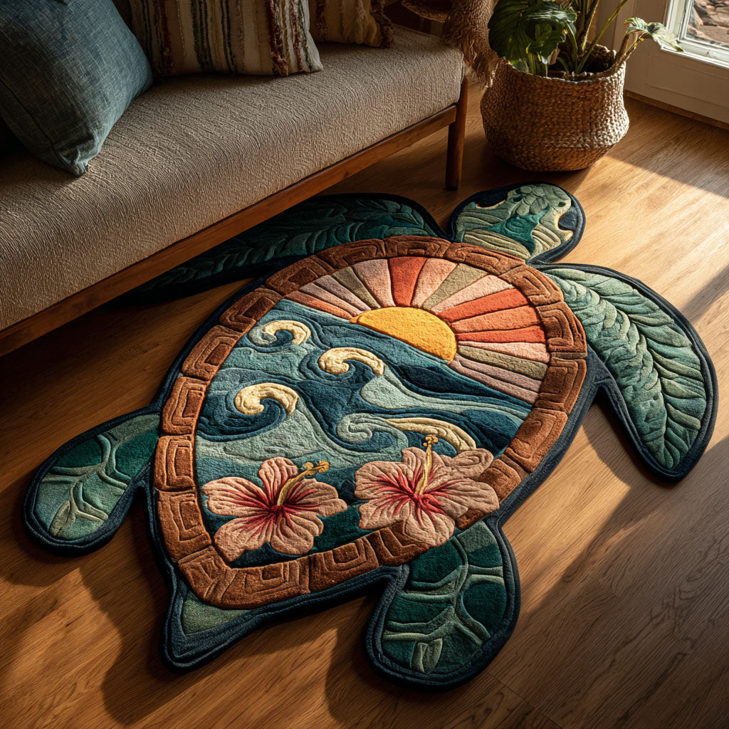 Sunset Turtle Waves Custom Shape Area Rug - Cute Animal Design | Die-Cut Non-Slip Rug - washable non-slip printed rug
