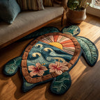 Sunset Turtle Waves Custom Shape Area Rug - Cute Animal Design | Die-Cut Non-Slip Rug - washable non-slip printed rug