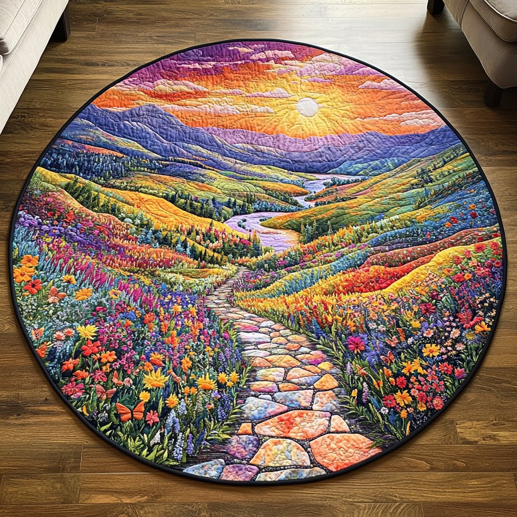 Sunset Valley Path Round Mat Rug - washable non-slip printed rug