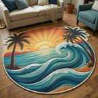Sunset Wave Horizon Custom Shape Area Rug - Coastal Design | Die-Cut Non-Slip Rug - washable non-slip printed rug