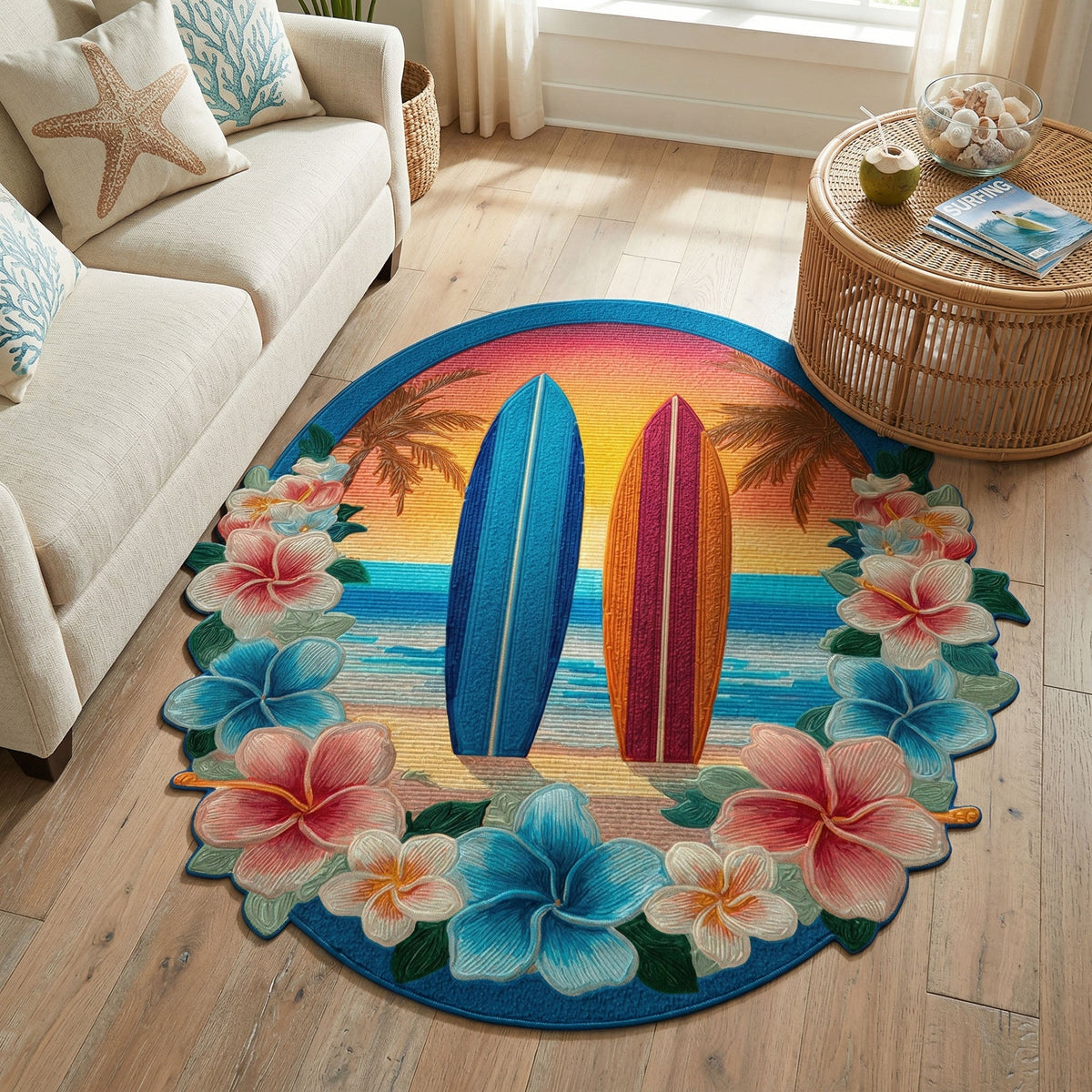 Surfboard Sunset Custom Shape Area Rug - Nature Design | Die-Cut Non-Slip Rug - washable non-slip printed rug