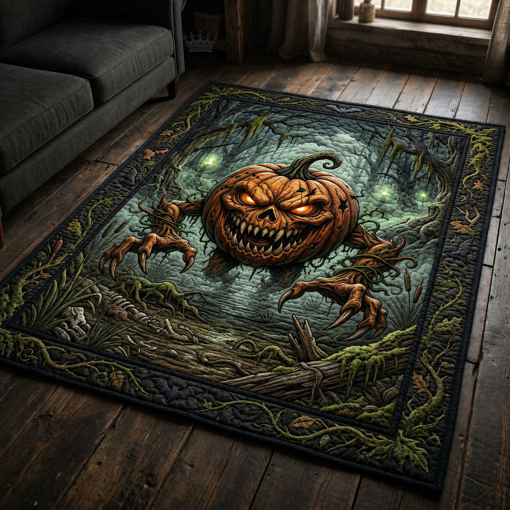 Swamp Creepy Pumpkin area rug in a living room
