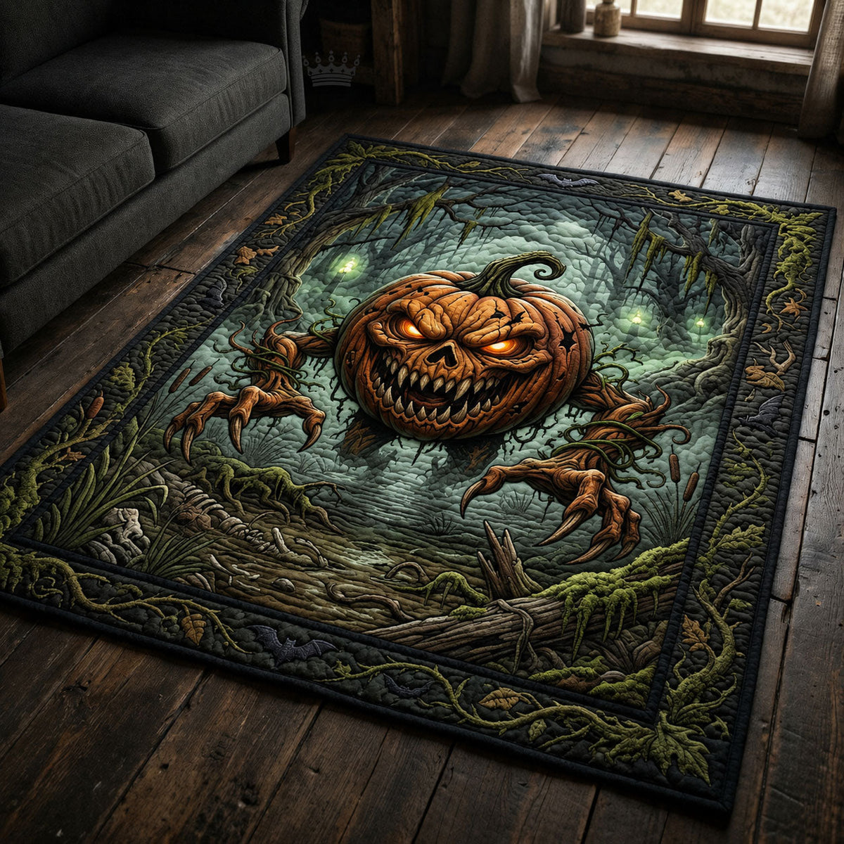 Swamp Creepy Pumpkin area rug in a living room