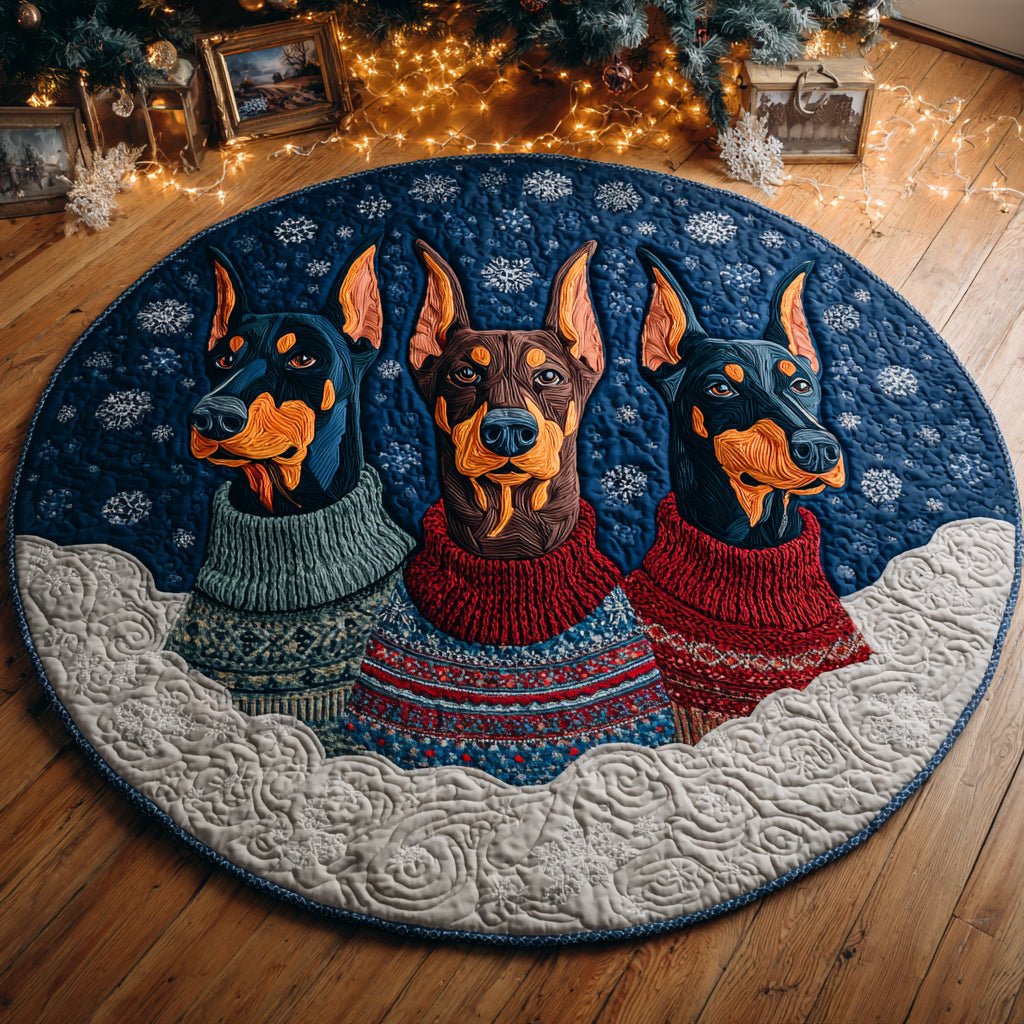 Sweater Doberman Snow Round Mat Rug - washable non-slip printed rug