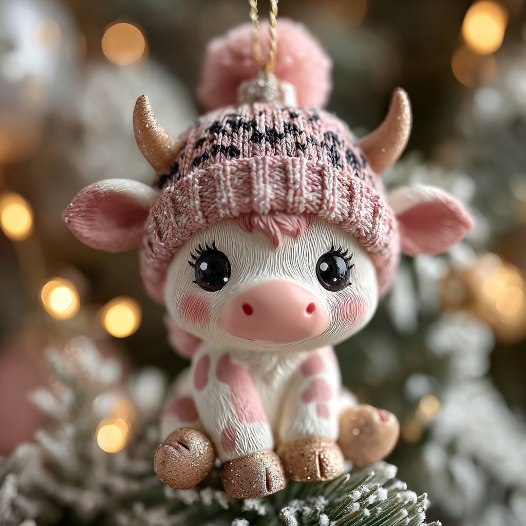Sweet Moo in Knit Hat Christmas Ornament