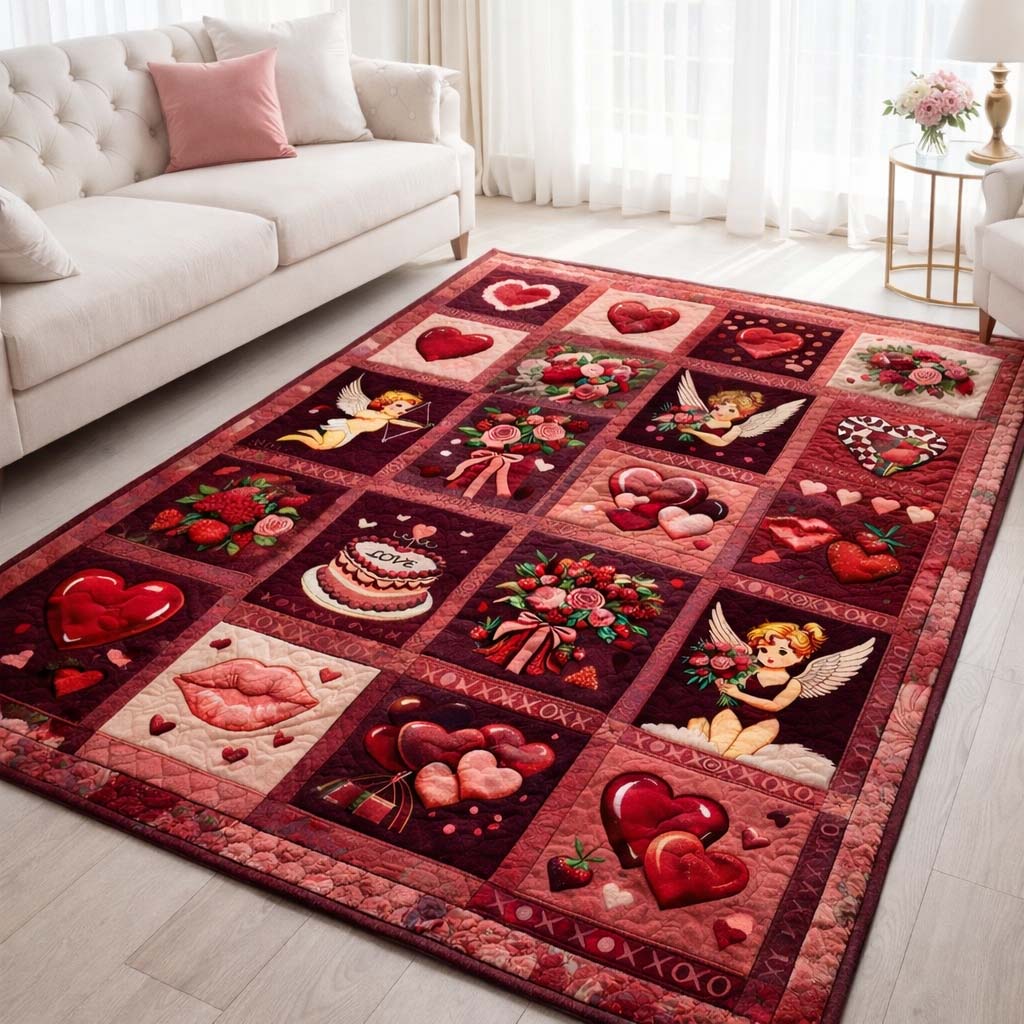 Sweetheart Patchwork area rug in a living room