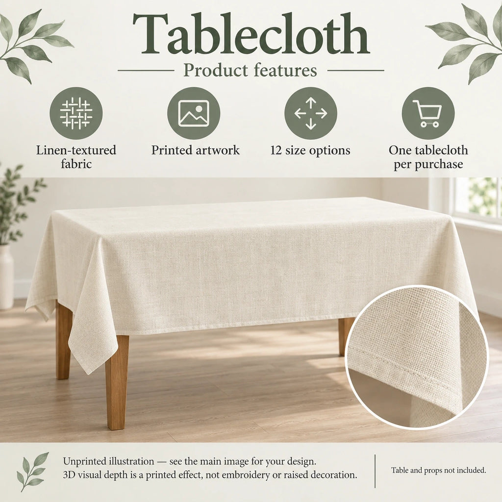 Tablecloth features guide: unprinted illustration; see main image for purchased design
