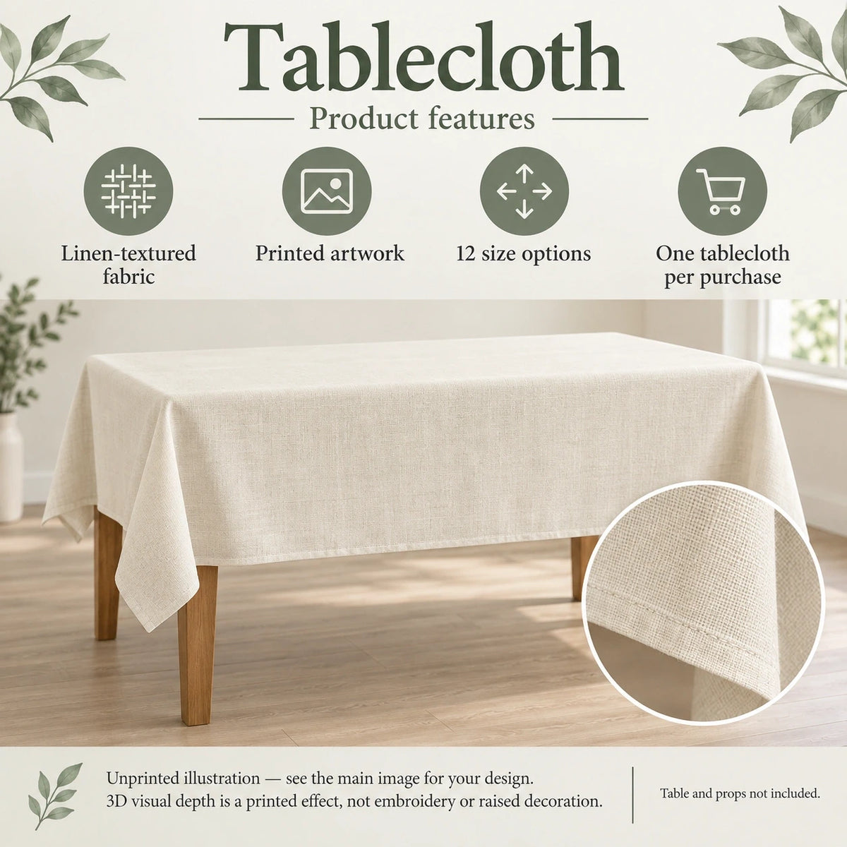 Tablecloth features guide: unprinted illustration; see main image for purchased design