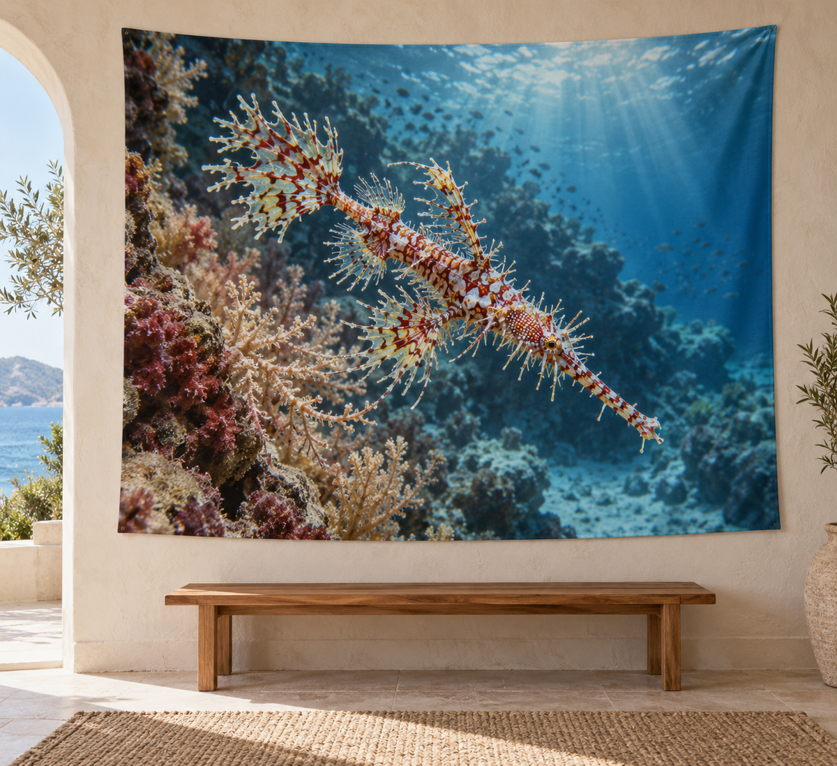 Ornate red-white ghost pipefish beside a receding reef printed on a complete landscape wall tapestry