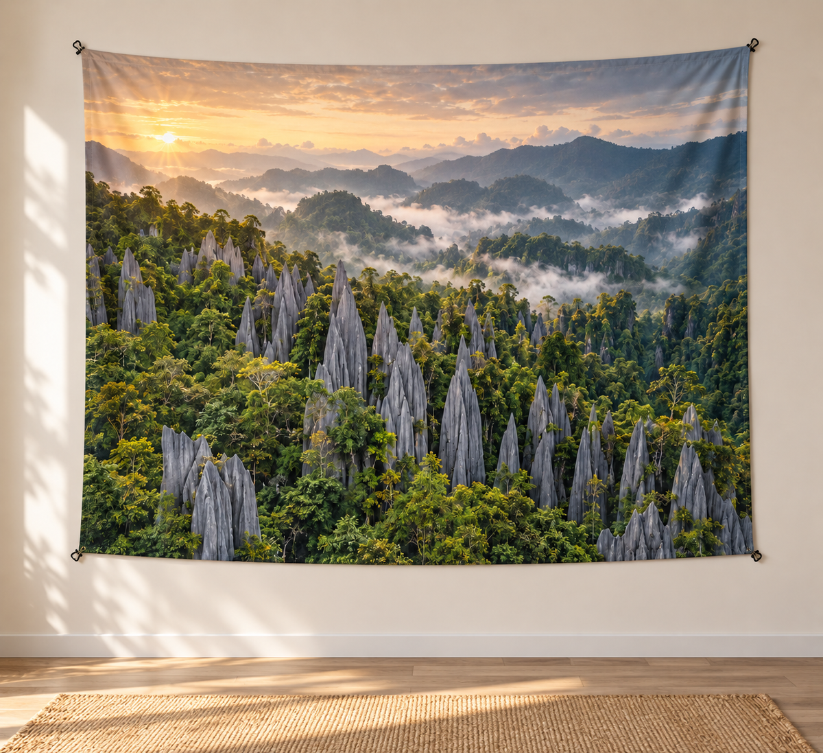 Sharp pale limestone pinnacles rising through dense green rainforest printed on a flat landscape wall tapestry held by external corner clips