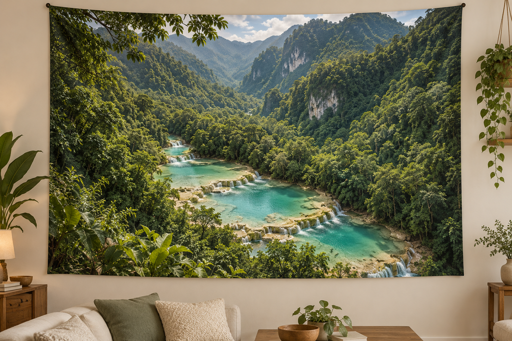 Turquoise limestone pools through a forested valley printed on a complete landscape wall tapestry