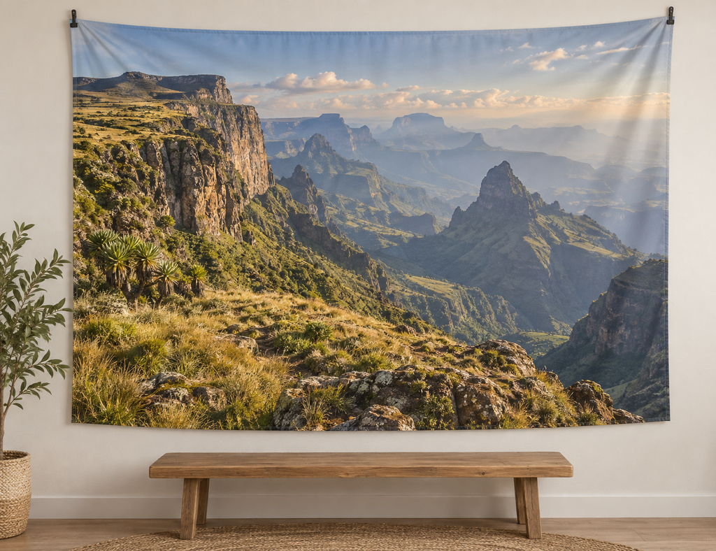 Layered highland escarpments and deep valleys printed on a complete landscape wall tapestry held by external clips