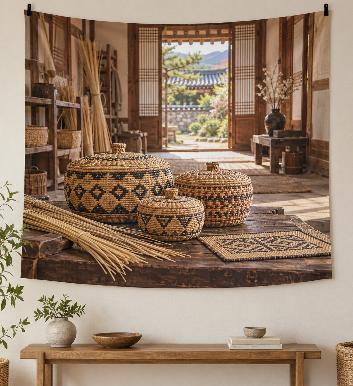 Wanggol-inspired patterned baskets, mat and sedge in a receding Korean workshop printed on a wall tapestry