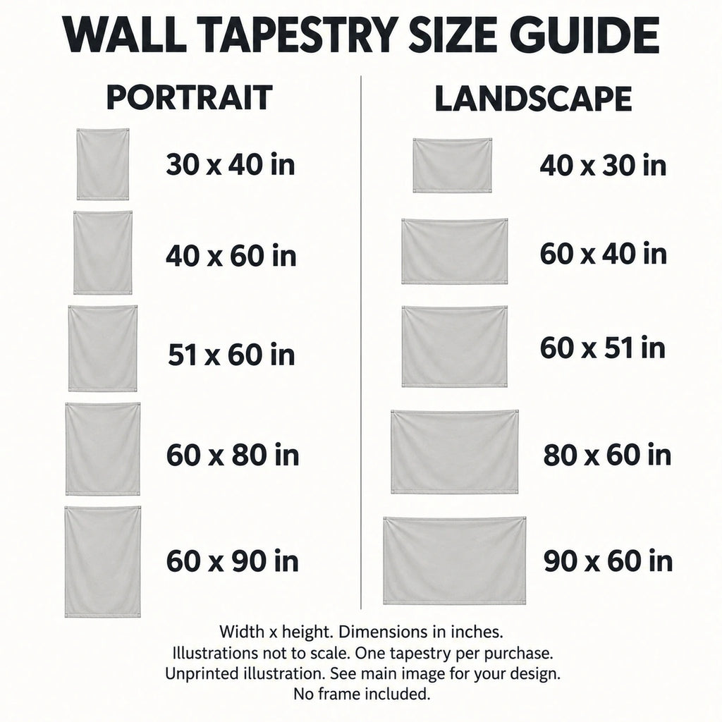 Wall Tapestry sizes guide: unprinted illustration; see main image for purchased design