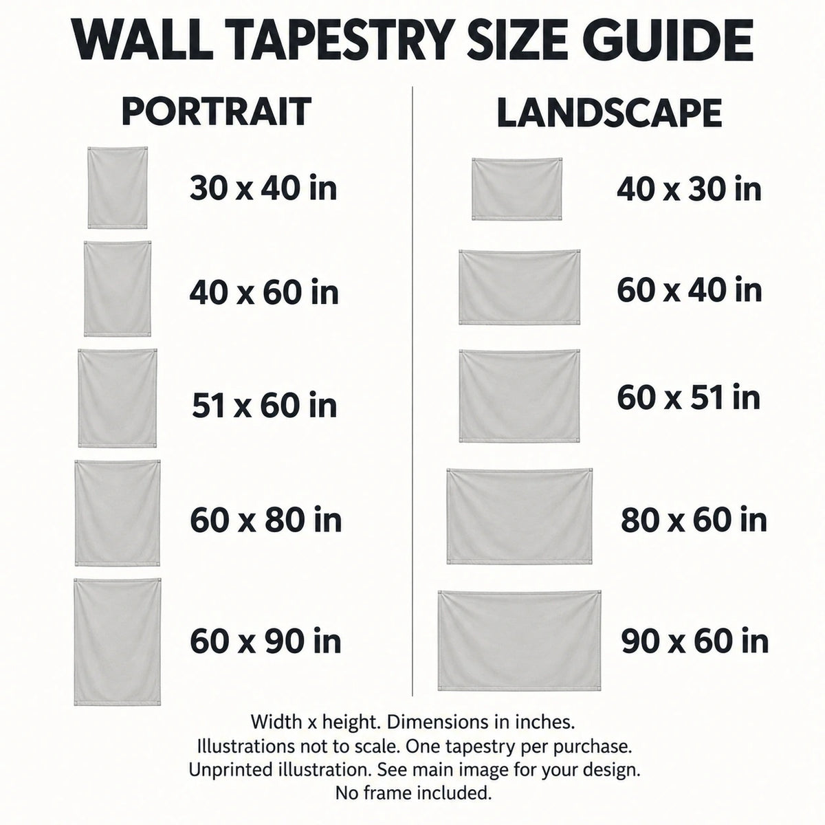 Wall Tapestry sizes guide: unprinted illustration; see main image for purchased design