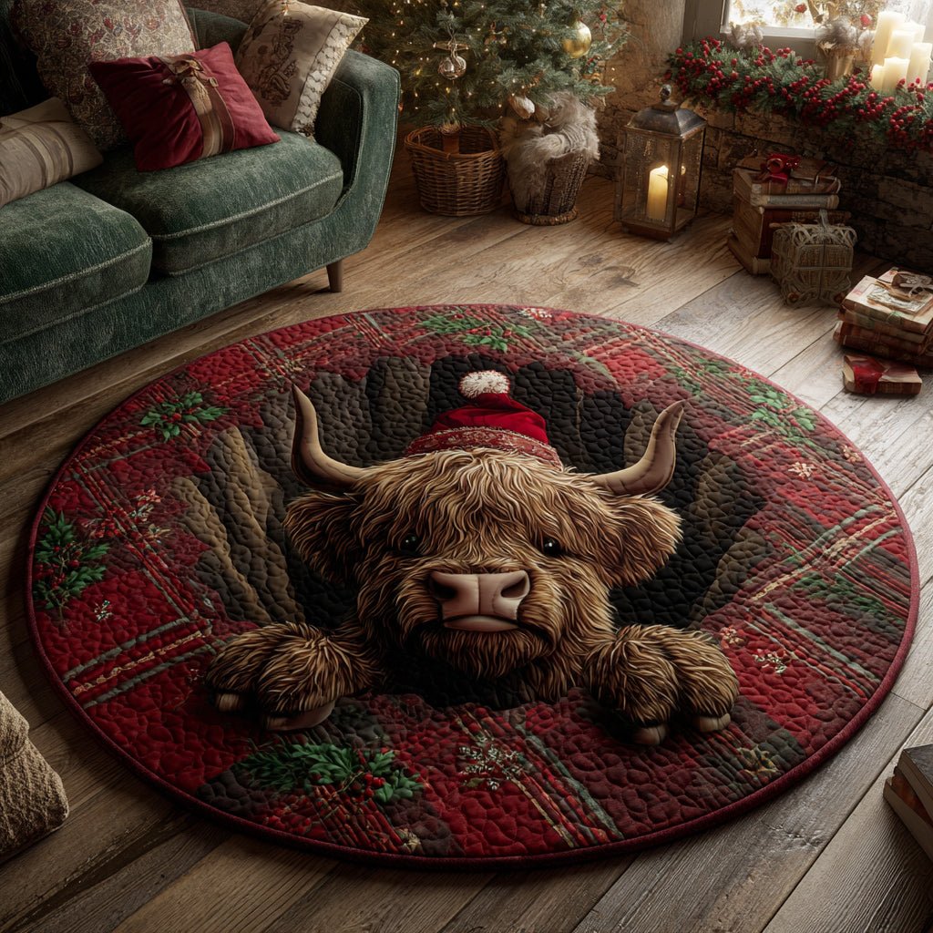 Tartan Highland Cow Round Mat Rug - washable non-slip printed rug