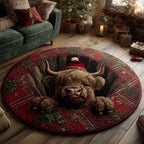Tartan Highland Cow Round Mat Rug - washable non-slip printed rug