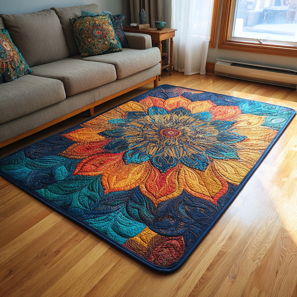 Teal Mosaic area rug in a living room