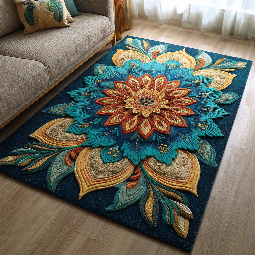 Teal Petals area rug in a living room
