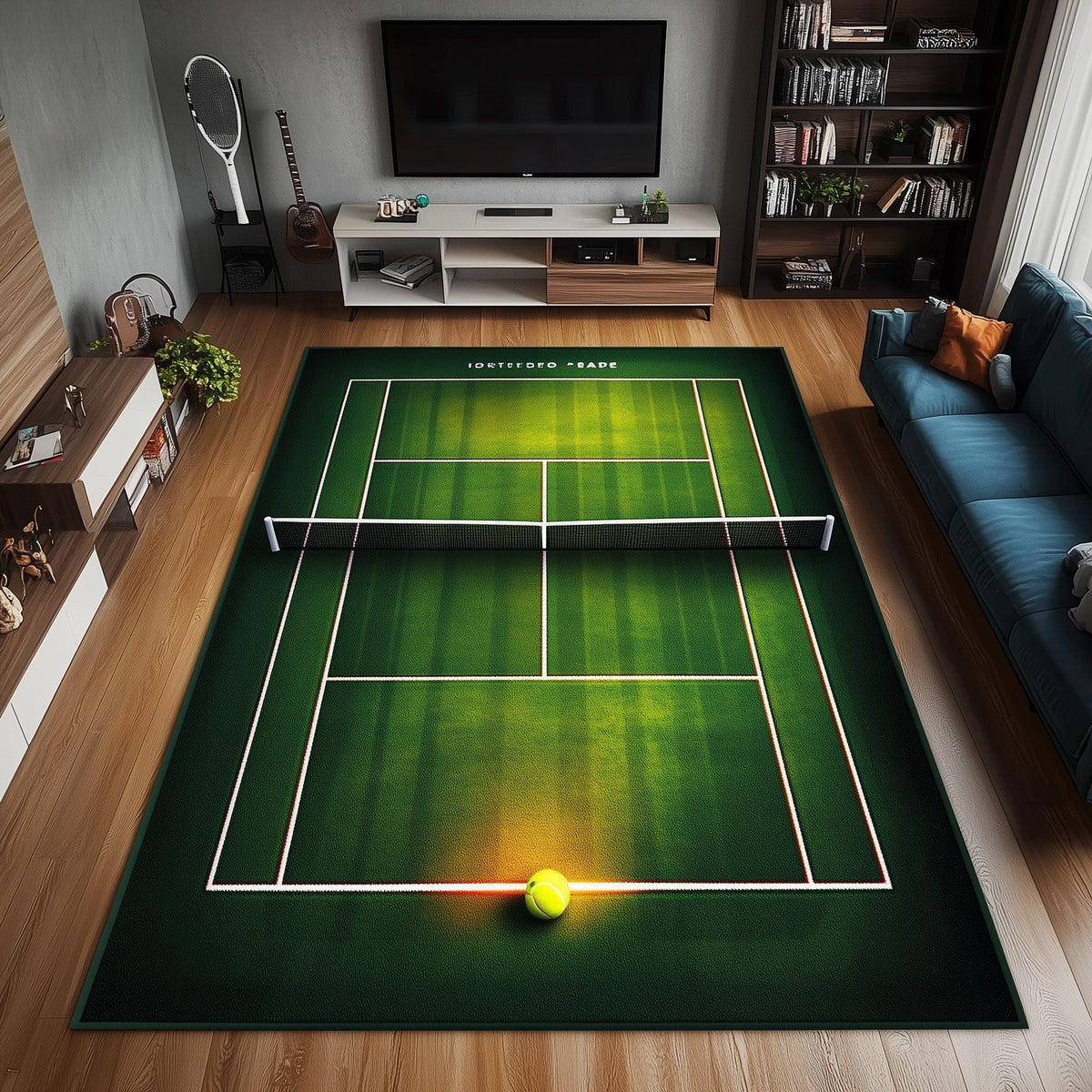 Tennis Court area rug in a living room