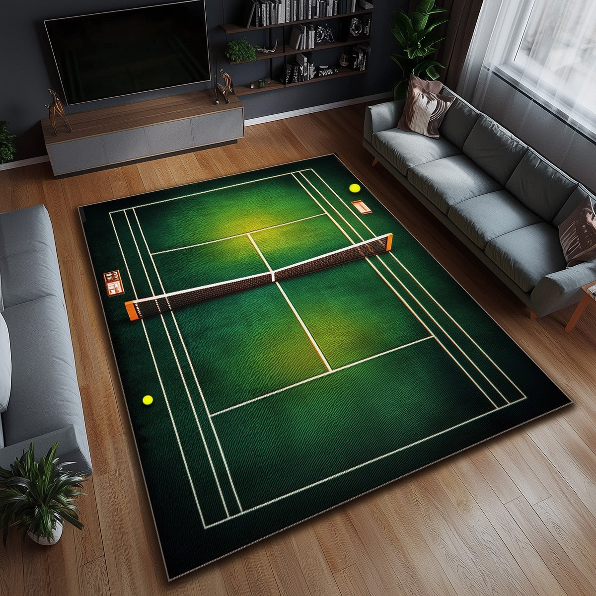 Tennis Court area rug in a living room