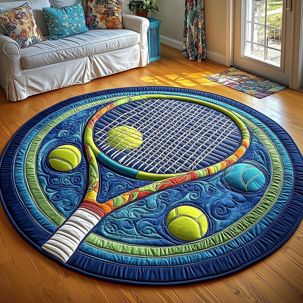 Tennis Time Round Mat Rug - washable non-slip printed rug