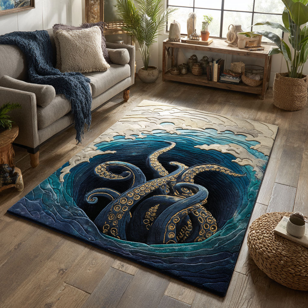Tentacles Of Mystery area rug in a living room