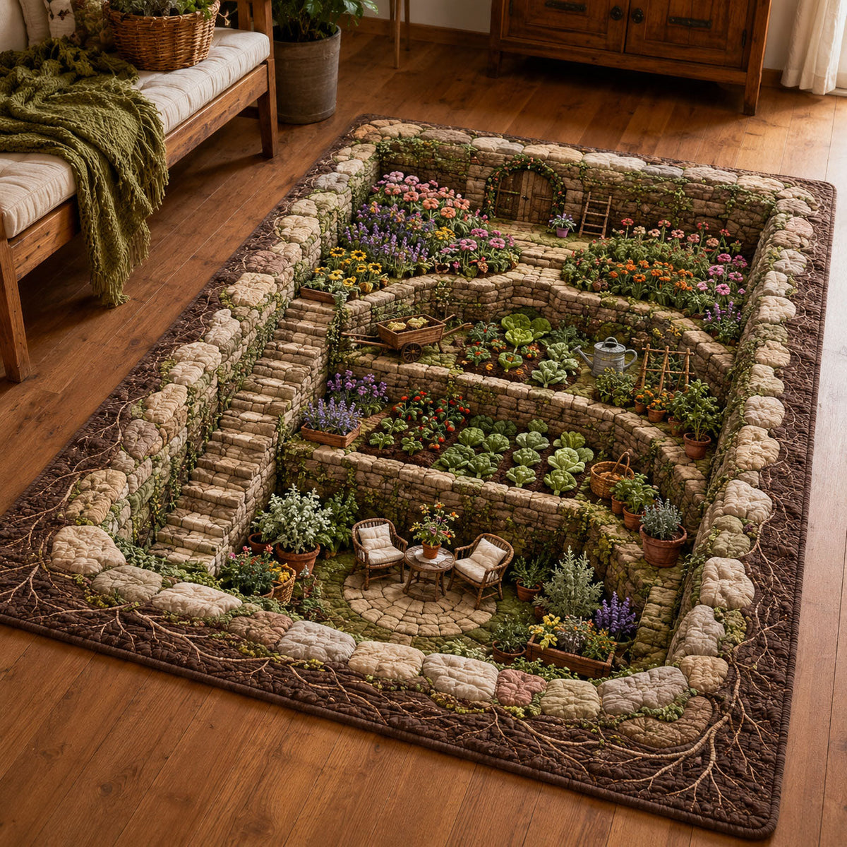 Terraced Garden Retreat area rug in a living room