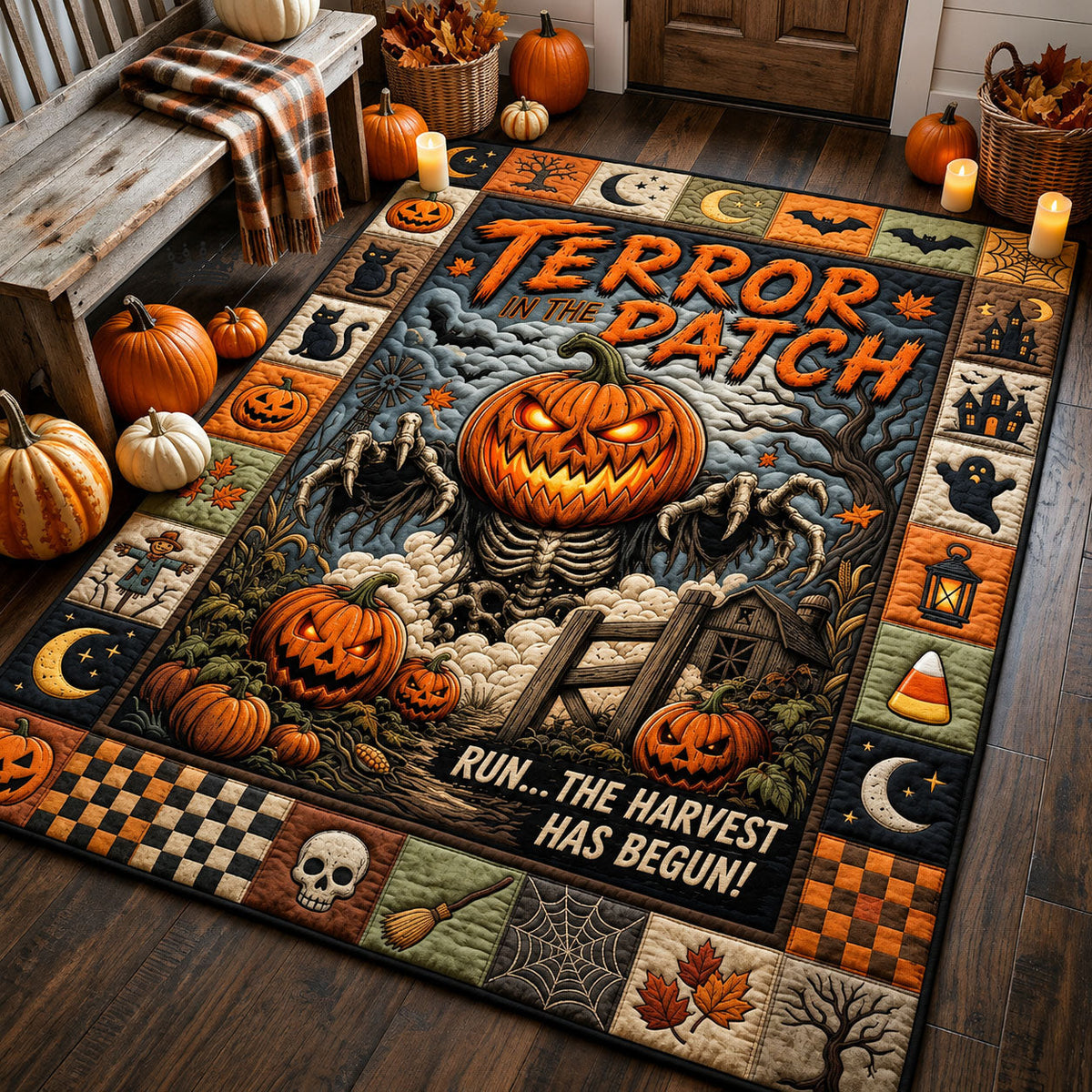 Terror In The Patch area rug in a living room