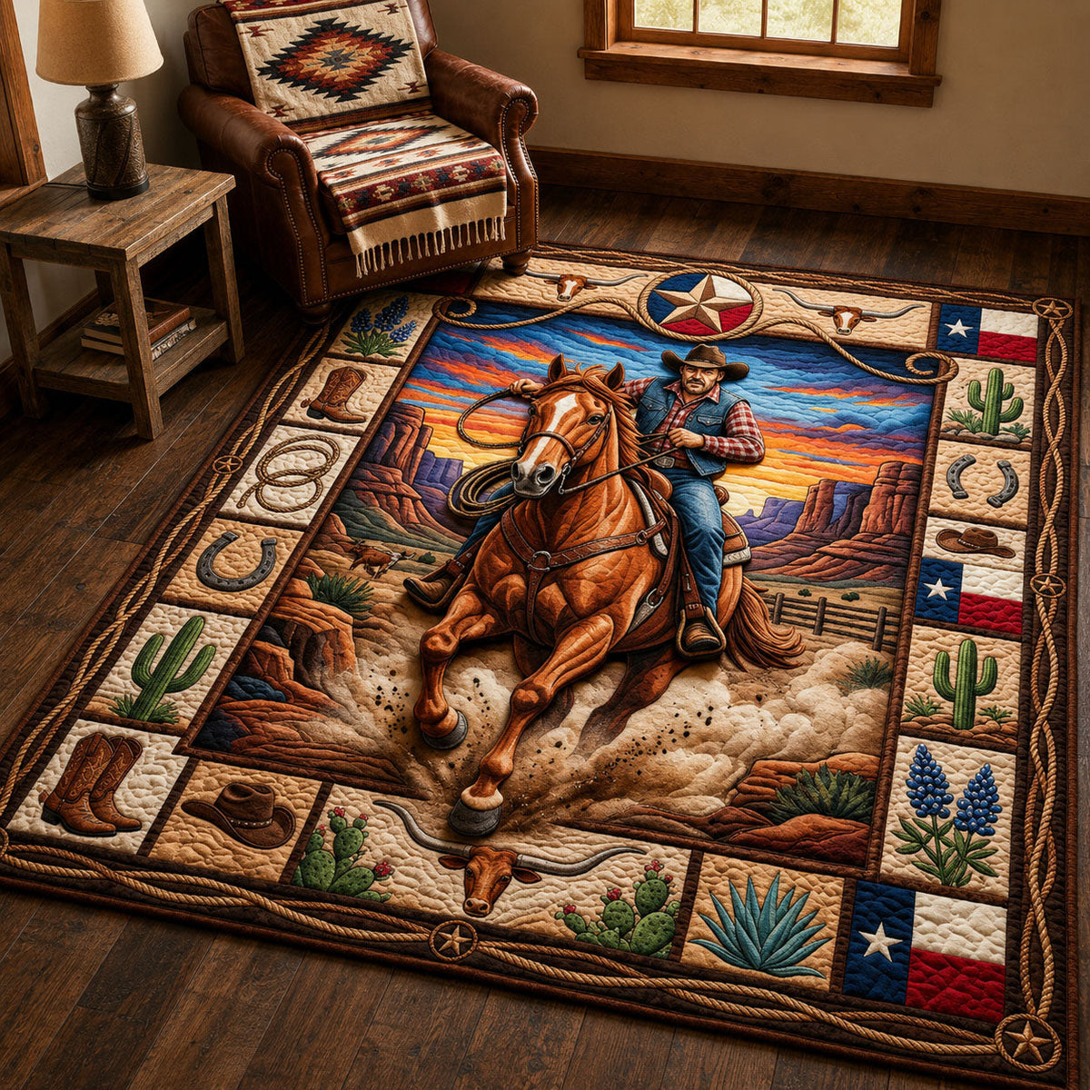 Texas Cowboy area rug in a living room