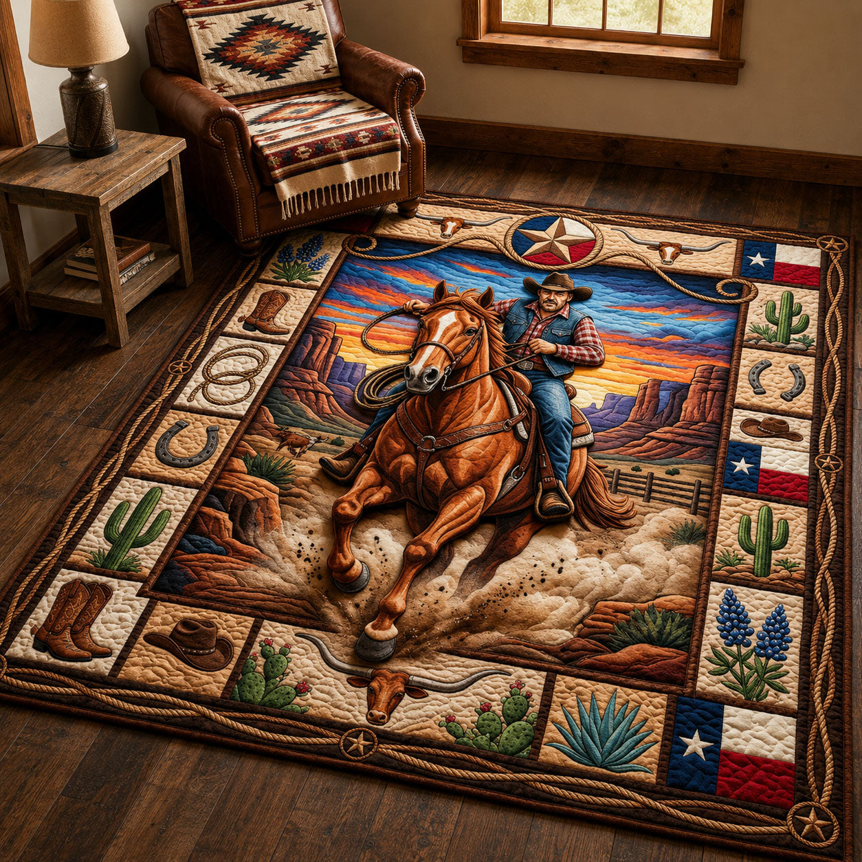 Texas Cowboy area rug in a living room