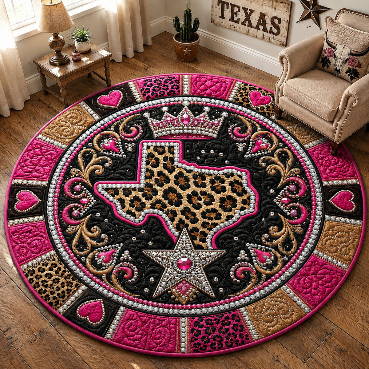 Texas Cowgirl Bling Round Mat Rug - Nature Design | Serene Home Decor - washable non-slip printed rug